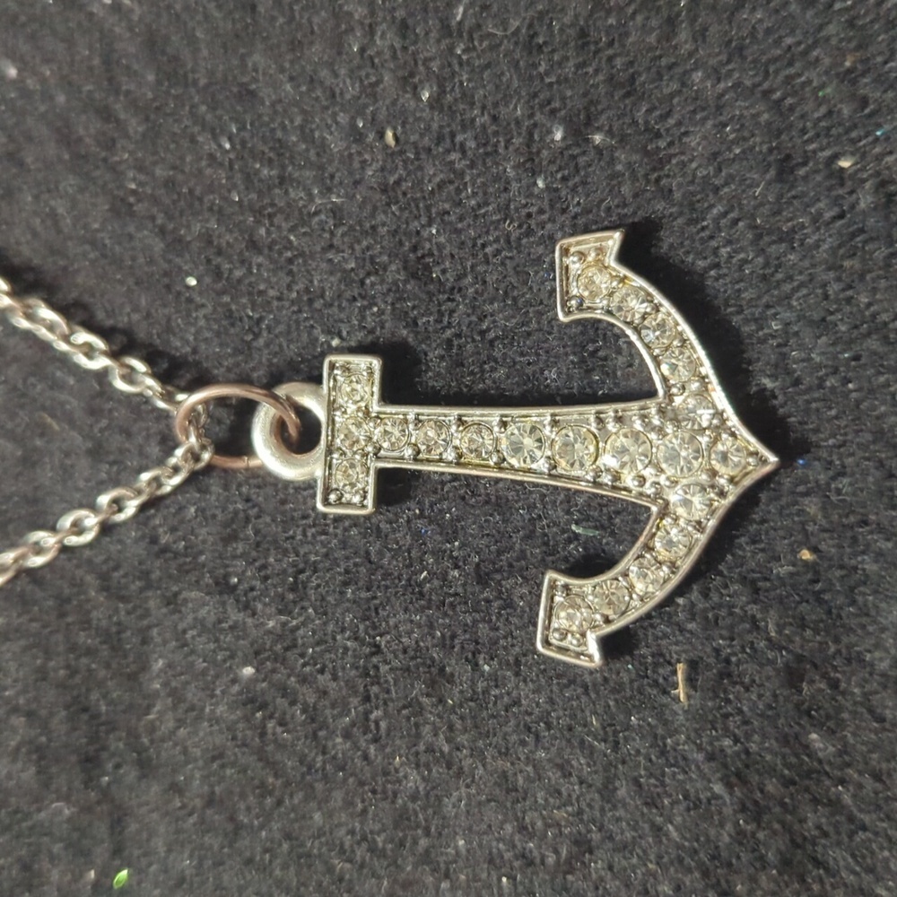 Silver Tone Clear Rhinestone Anchor Nautical Pendant Statement Necklace